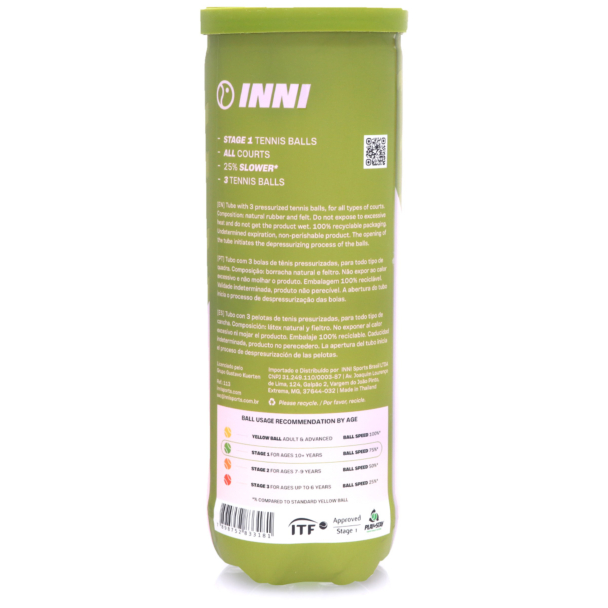 Bola de Tênis Inni Guguinha Stage 1 Verde - Tubo com 03 Bolas - ATPSHOP