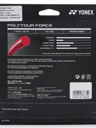 Corda Yonex Poly Tour Force 16L 1.25mm Vermelha - Set Individual - ATPSHOP
